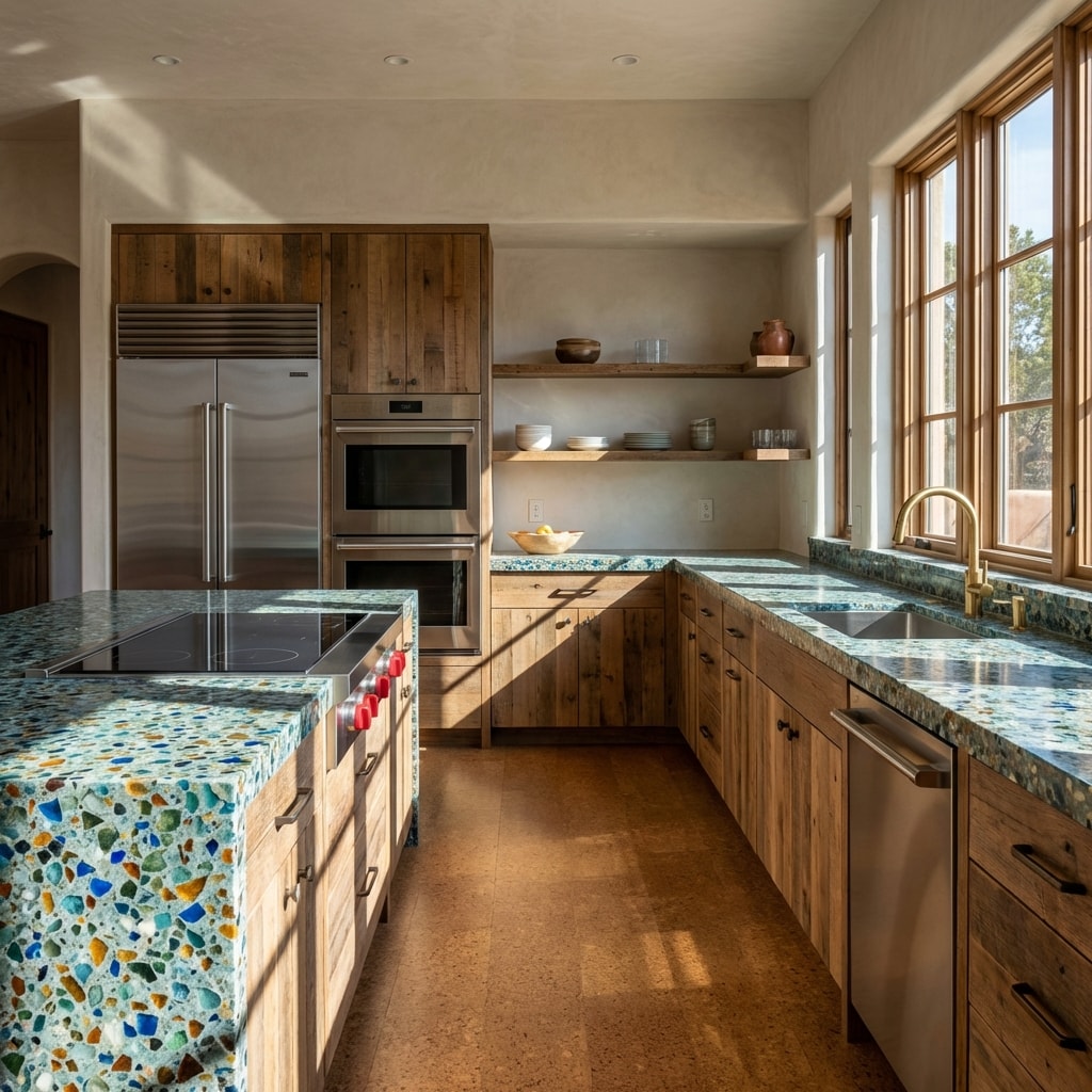 Custom Green Construction project: Recycled Glass Kitchen in Santa Monica, CA